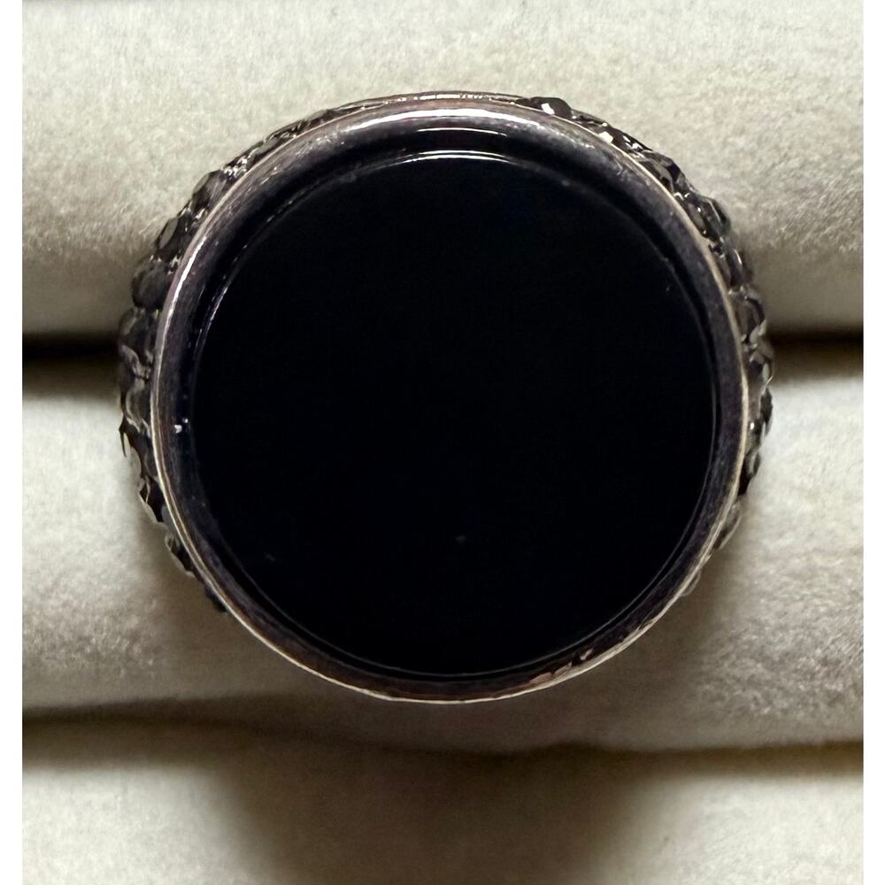 Black Stone Statement Ring Size 8 Silver Tone Pavé Cocktail Ring
